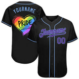 Custom Black Purple-Light Blue Rainbow Colored Heart For Pride Love Is Love LGBT Authentic Baseball Jersey