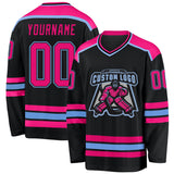 Custom Black Hot Pink-Light Blue Hockey Jersey