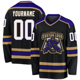 Custom Black White Old Gold-Purple Hockey Jersey