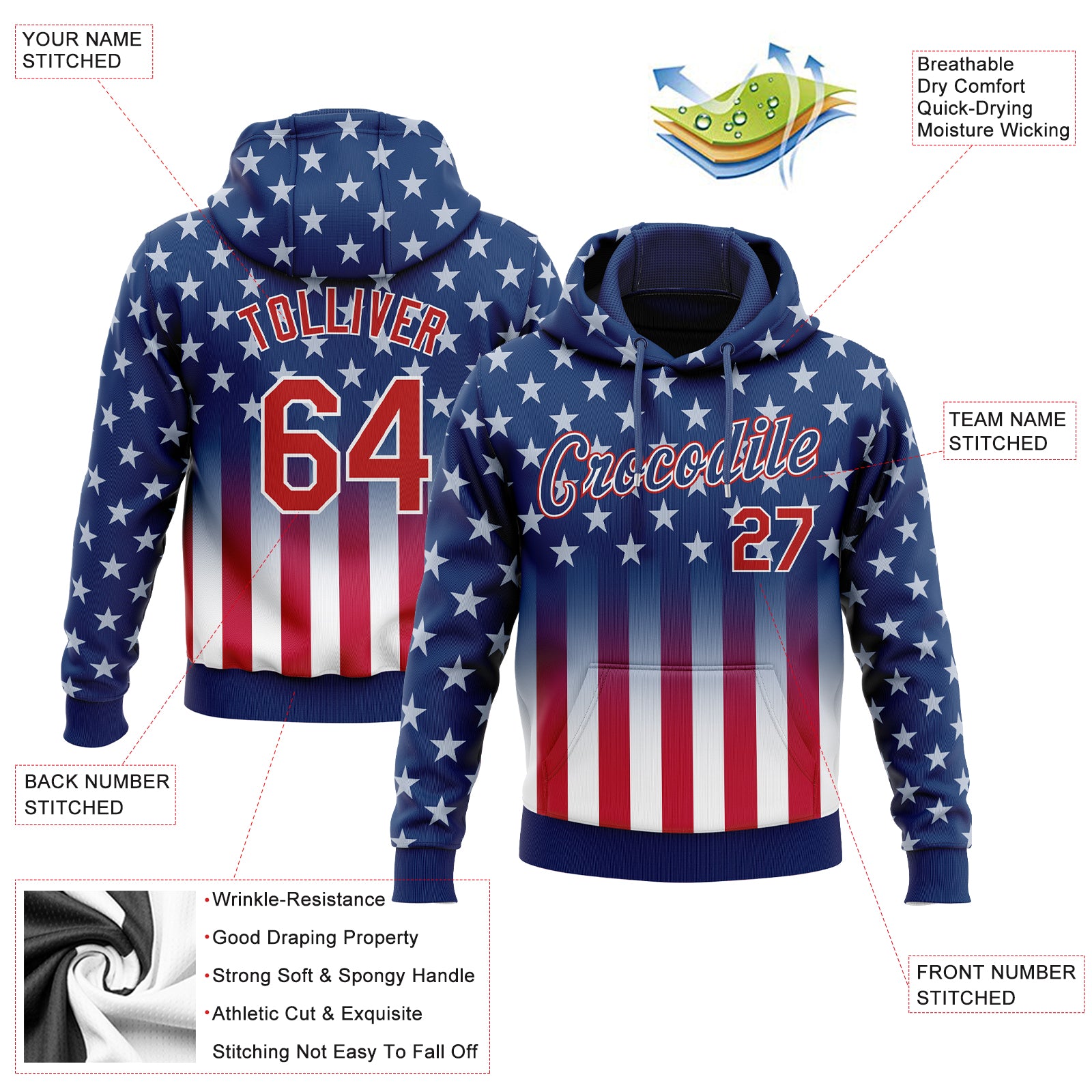 Custom Stitched Blue Red-White 3D American Flag Fashion Sports Pullover Sweatshirt Hoodie