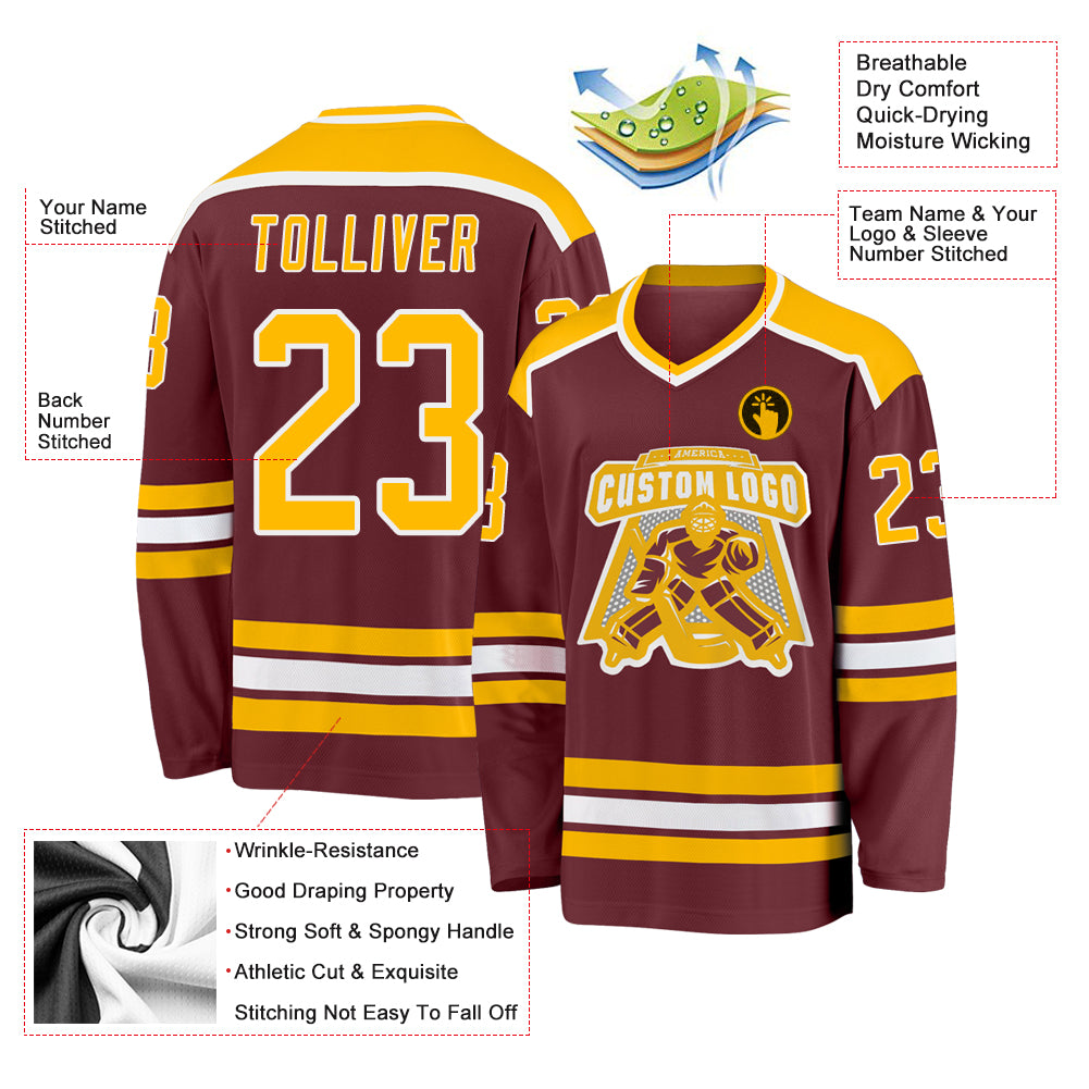 Custom Burgundy Gold White Hockey Jersey