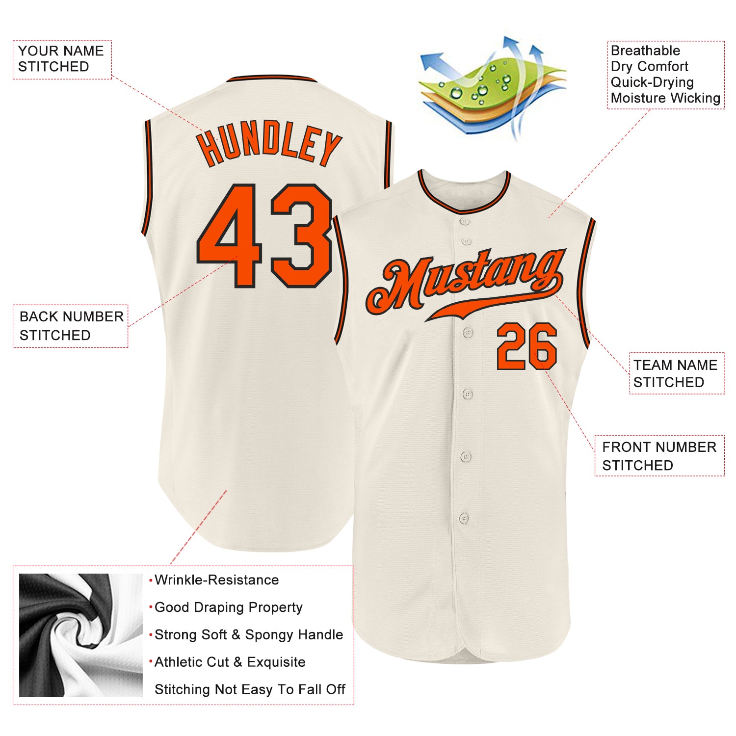 Custom Cream Orange-Black Authentic Sleeveless Baseball Jersey