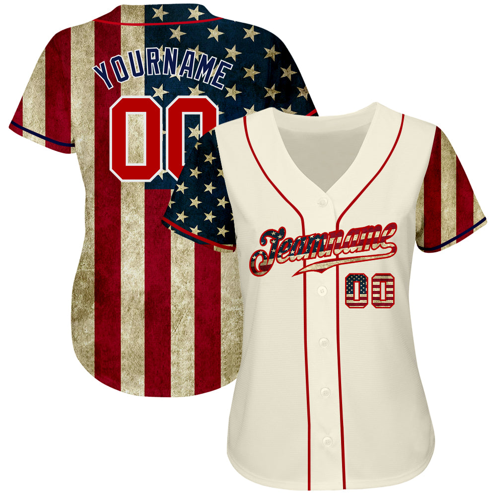 Custom Cream Red-Navy 3D American Flag Authentic Baseball Jersey