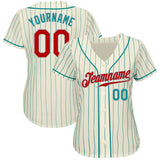 Custom Cream Teal Pinstripe Red Teal-Gray Authentic Baseball Jersey