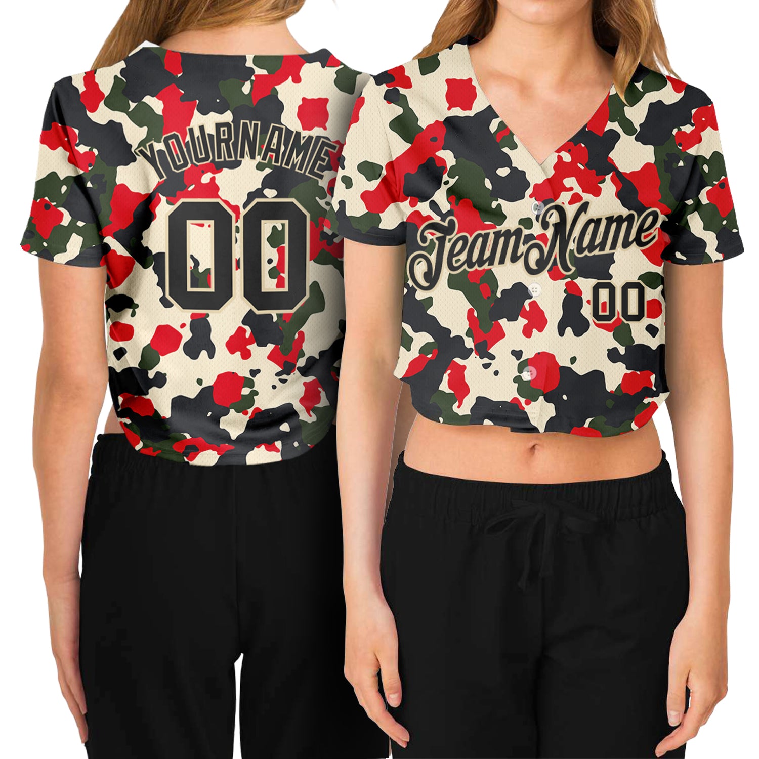 Custom Women's Camo Black-Cream Salute To Service V-Neck Cropped Baseball Jersey