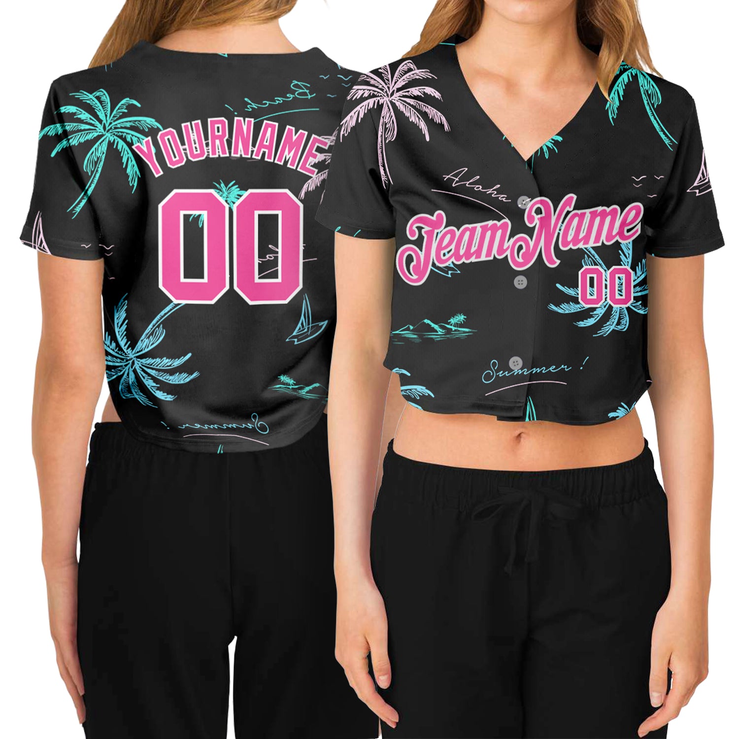 Custom Women's Black Pink-White Hawaii Palm Trees 3D V-Neck Cropped Baseball Jersey
