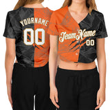 Custom Women's Graffiti Pattern White-Old Gold Scratch 3D V-Neck Cropped Baseball Jersey