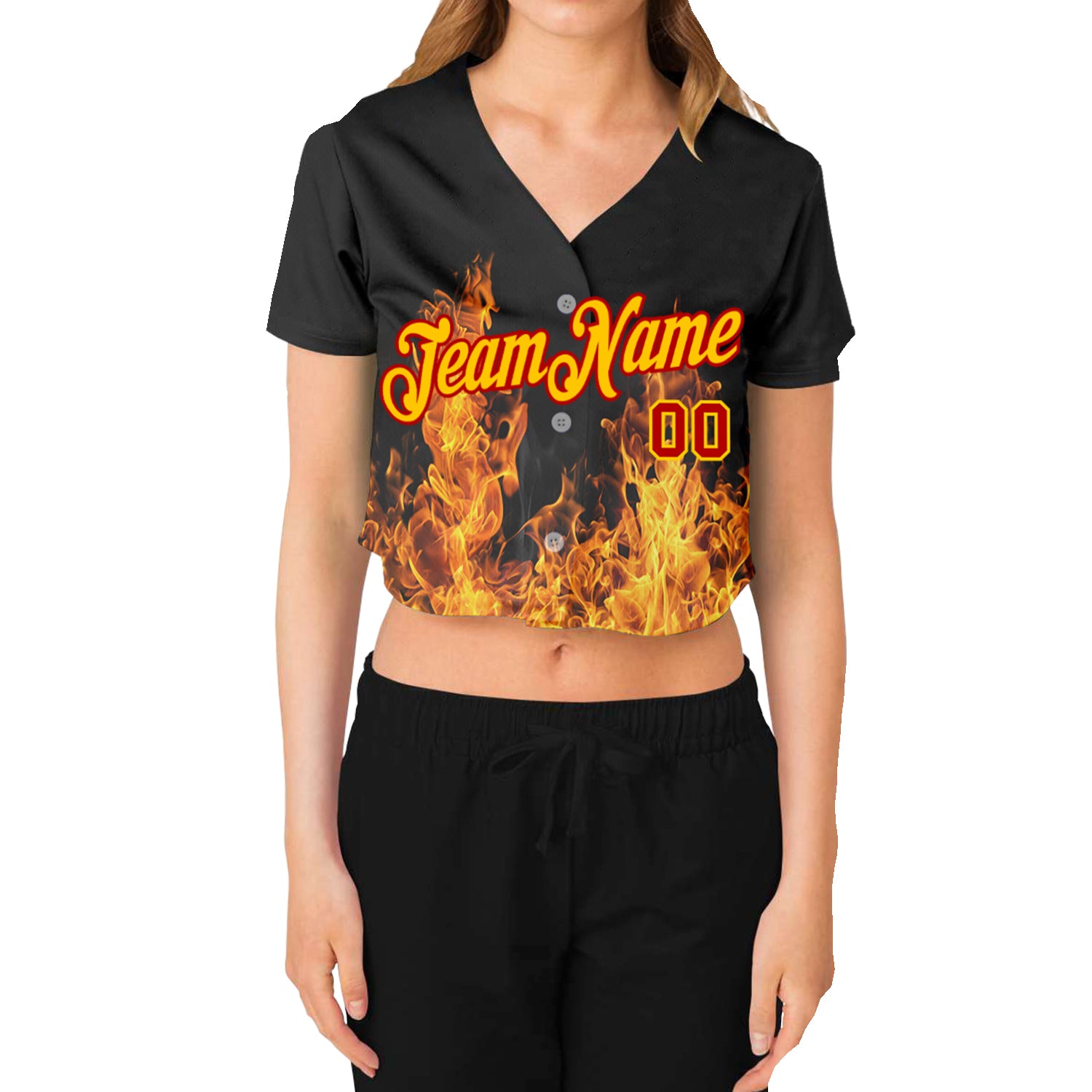 Custom Women's Black Gold-Red Flame 3D V-Neck Cropped Baseball Jersey