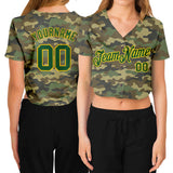 Custom Women's Camo Green-Gold Salute To Service V-Neck Cropped Baseball Jersey