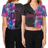 Custom Women's Black Black-Pink Summer 3D V-Neck Cropped Baseball Jersey