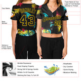 Custom Women's Graffiti Pattern Black-Gold 3D V-Neck Cropped Baseball Jersey