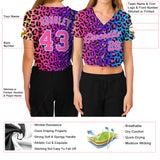Custom Women's Purple Pink-Light Blue Leopard 3D V-Neck Cropped Baseball Jersey