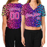 Custom Women's Purple Pink-Light Blue Leopard 3D V-Neck Cropped Baseball Jersey