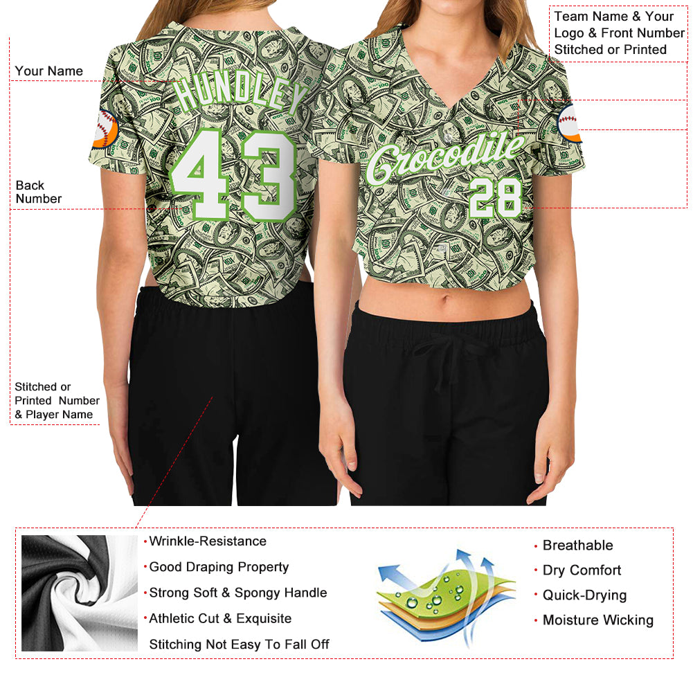 Custom Women's Green White-Neon Green Dollar 3D V-Neck Cropped Baseball Jersey