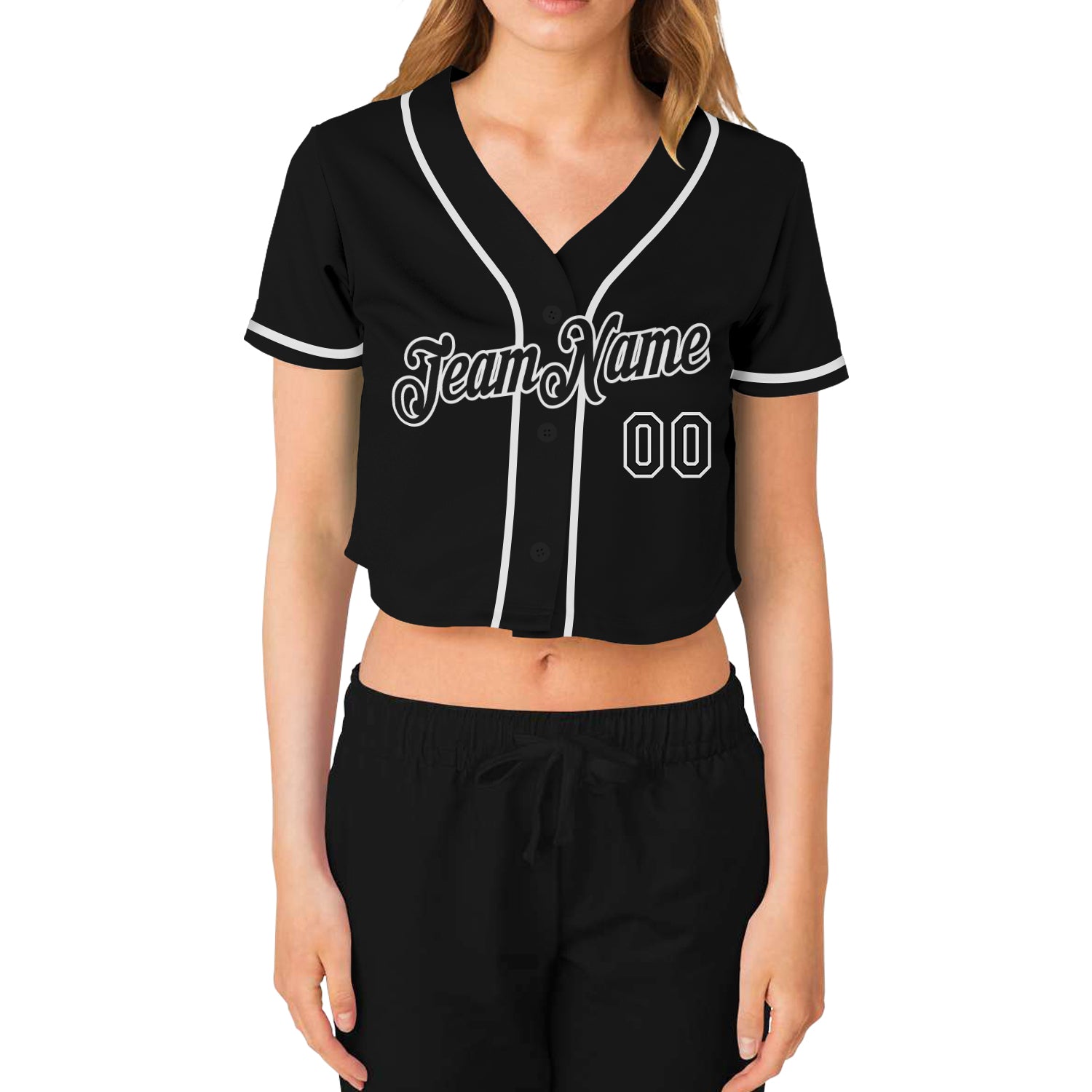 Custom Women's Black Black-White V-Neck Cropped Baseball Jersey