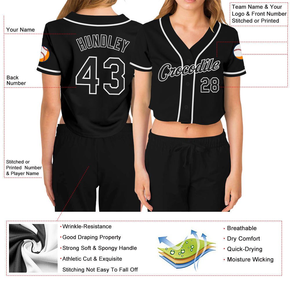 Custom Women's Black Black-White V-Neck Cropped Baseball Jersey