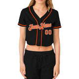 Custom Women's Black Orange-White V-Neck Cropped Baseball Jersey