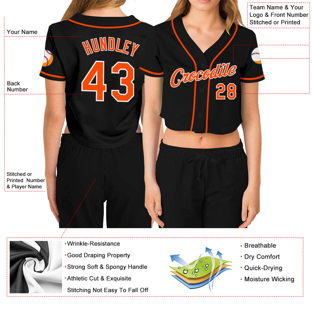 Custom Women's Black Orange-White V-Neck Cropped Baseball Jersey
