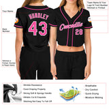 Custom Women's Black Pink-White V-Neck Cropped Baseball Jersey