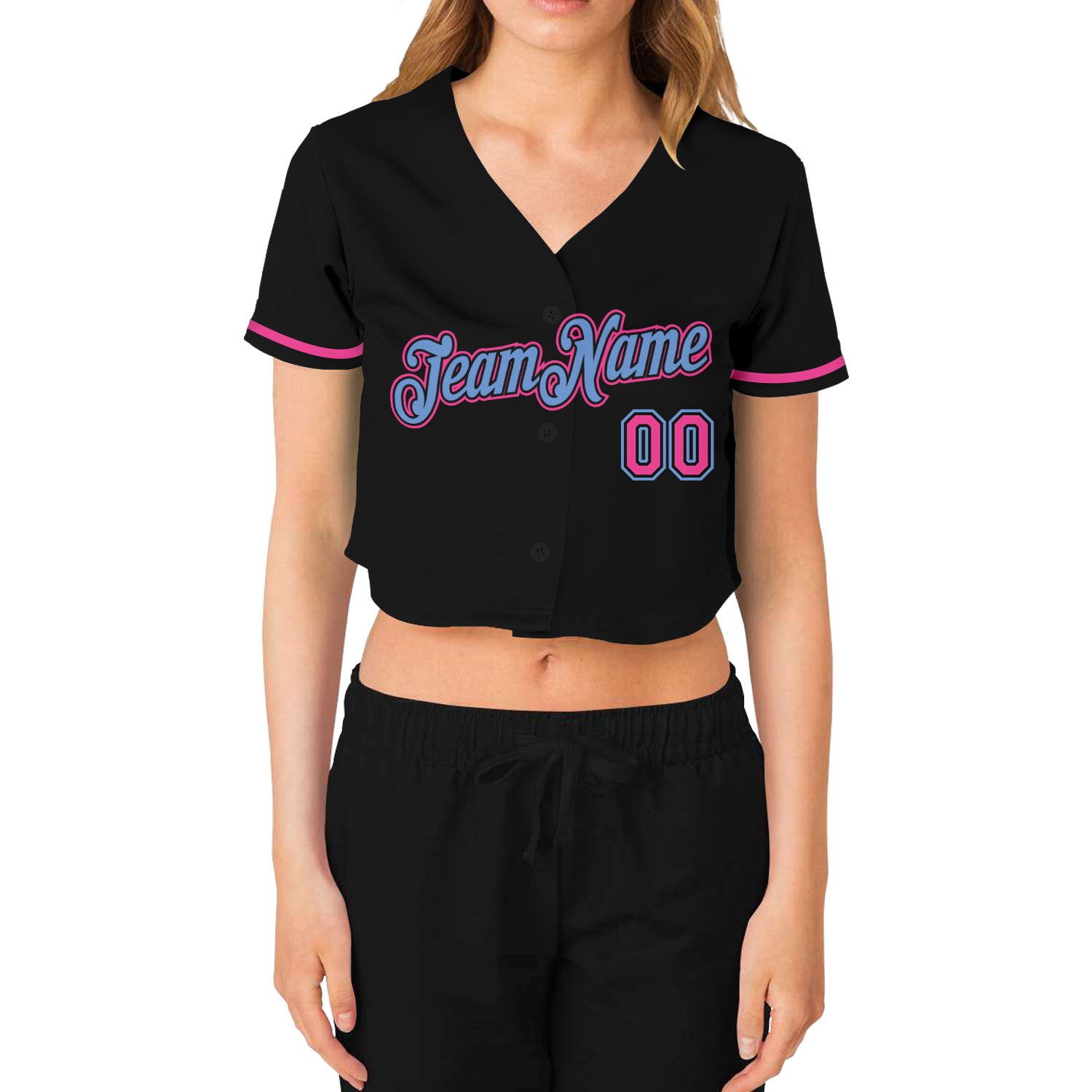 Custom Women's Black Pink-Light Blue V-Neck Cropped Baseball Jersey