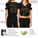 Custom Women's Black Black-Old Gold V-Neck Cropped Baseball Jersey