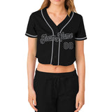 Custom Women's Black Black-Gray V-Neck Cropped Baseball Jersey