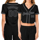 Custom Women's Black Black-Gray V-Neck Cropped Baseball Jersey