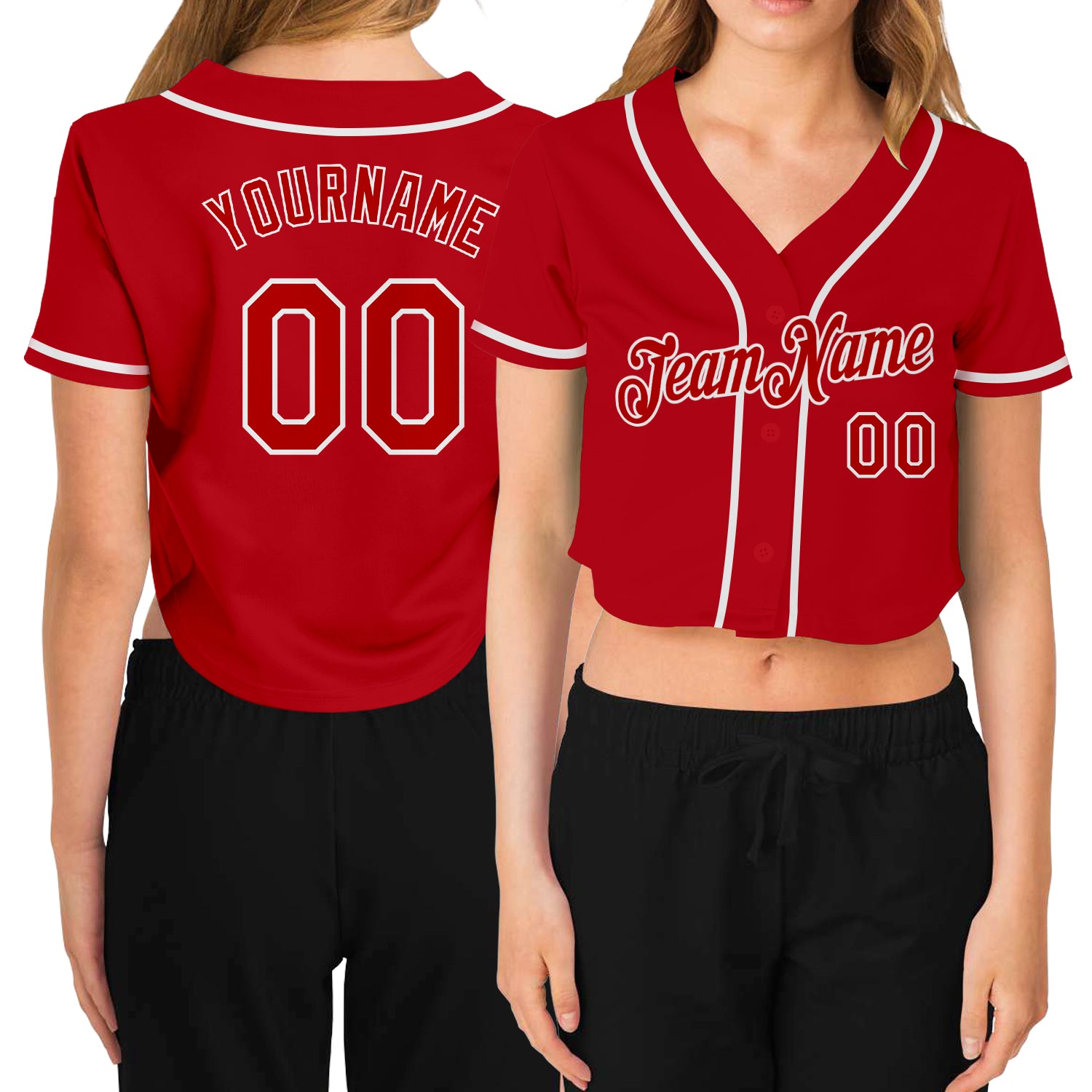 Custom Women's Red Red-White V-Neck Cropped Baseball Jersey