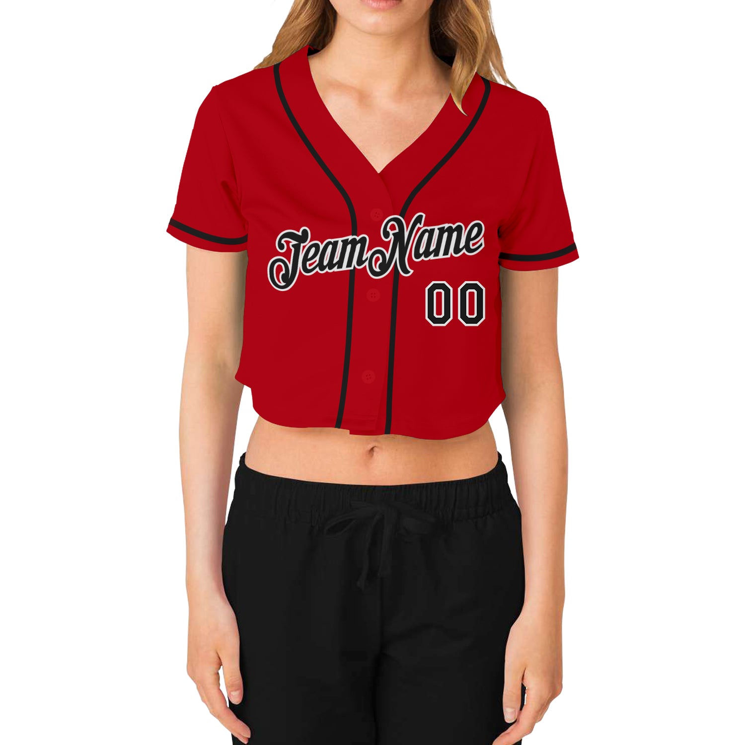 Custom Women's Red Black-White V-Neck Cropped Baseball Jersey