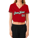 Custom Women's Red White-Kelly Green V-Neck Cropped Baseball Jersey