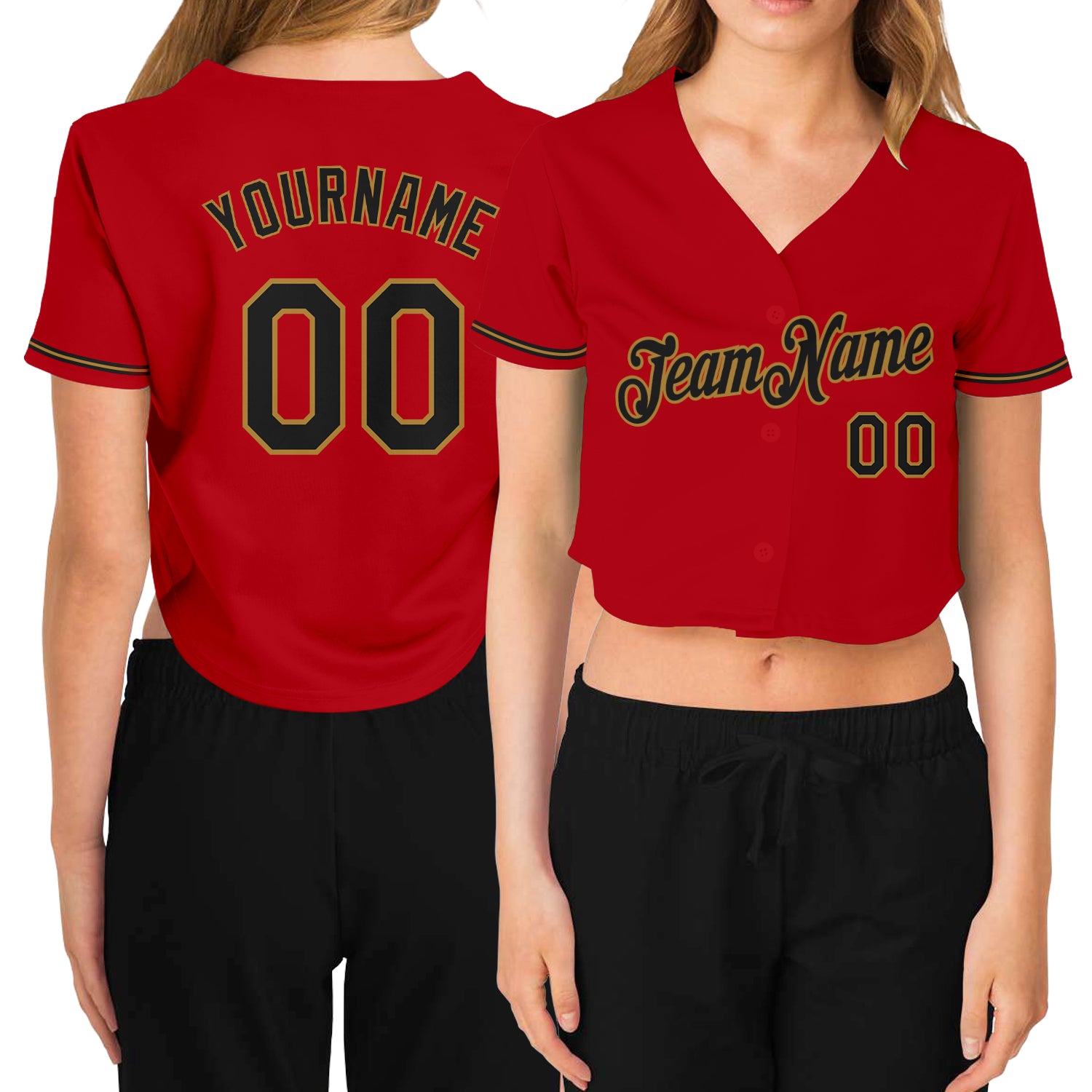 Custom Women's Red Black-Old Gold V-Neck Cropped Baseball Jersey