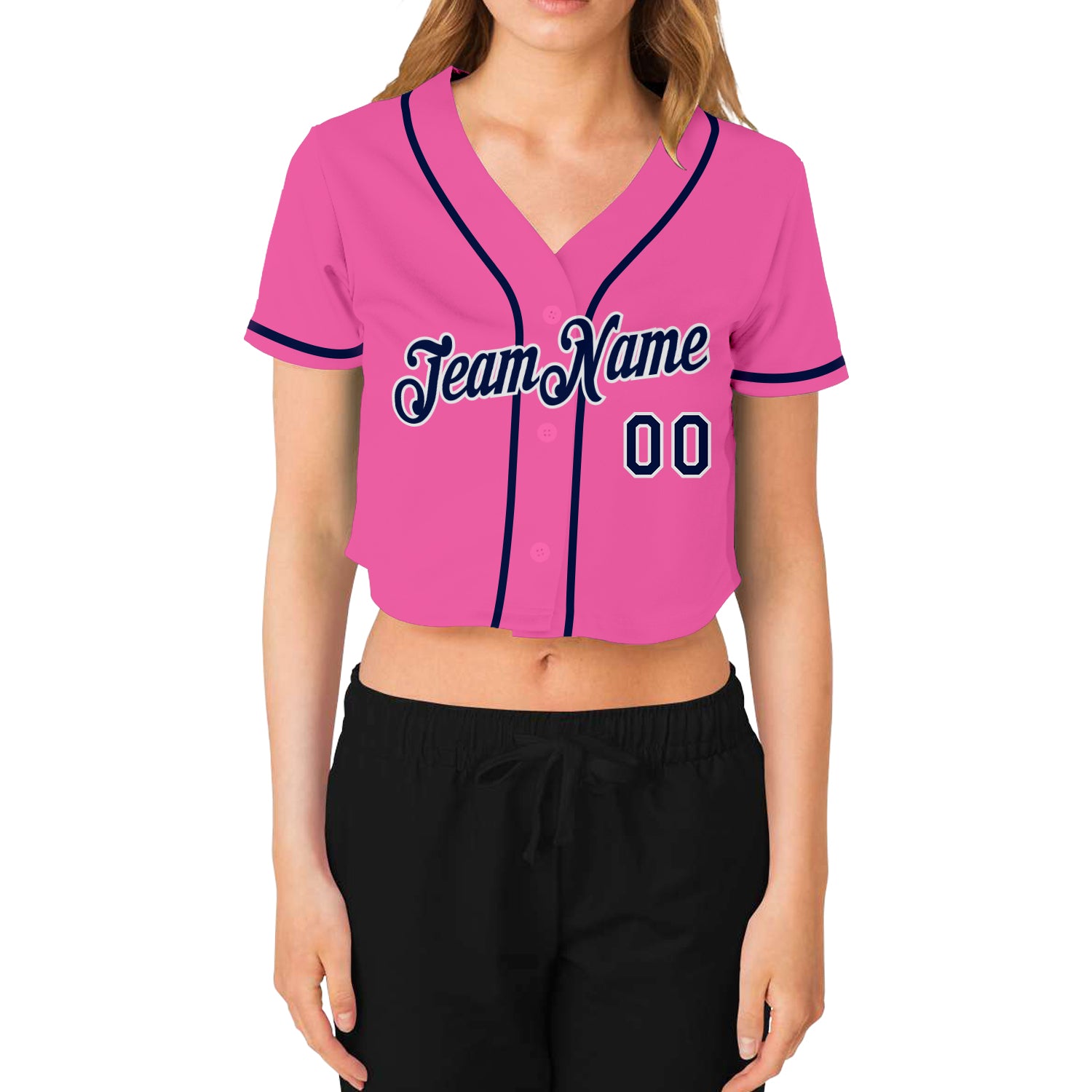 Custom Women's Pink Navy-White V-Neck Cropped Baseball Jersey