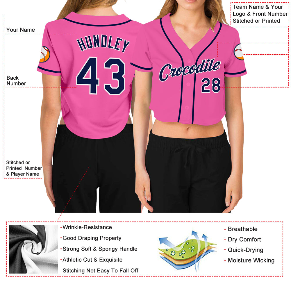 Custom Women's Pink Navy-White V-Neck Cropped Baseball Jersey
