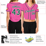 Custom Women's Pink Kelly Green-White V-Neck Cropped Baseball Jersey