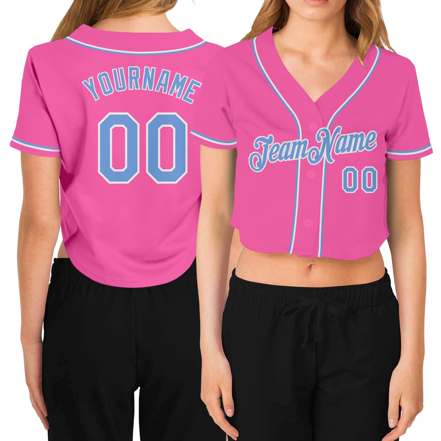 Custom Women's Pink Light Blue-White V-Neck Cropped Baseball Jersey