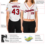 Custom Women's White Red-Navy V-Neck Cropped Baseball Jersey