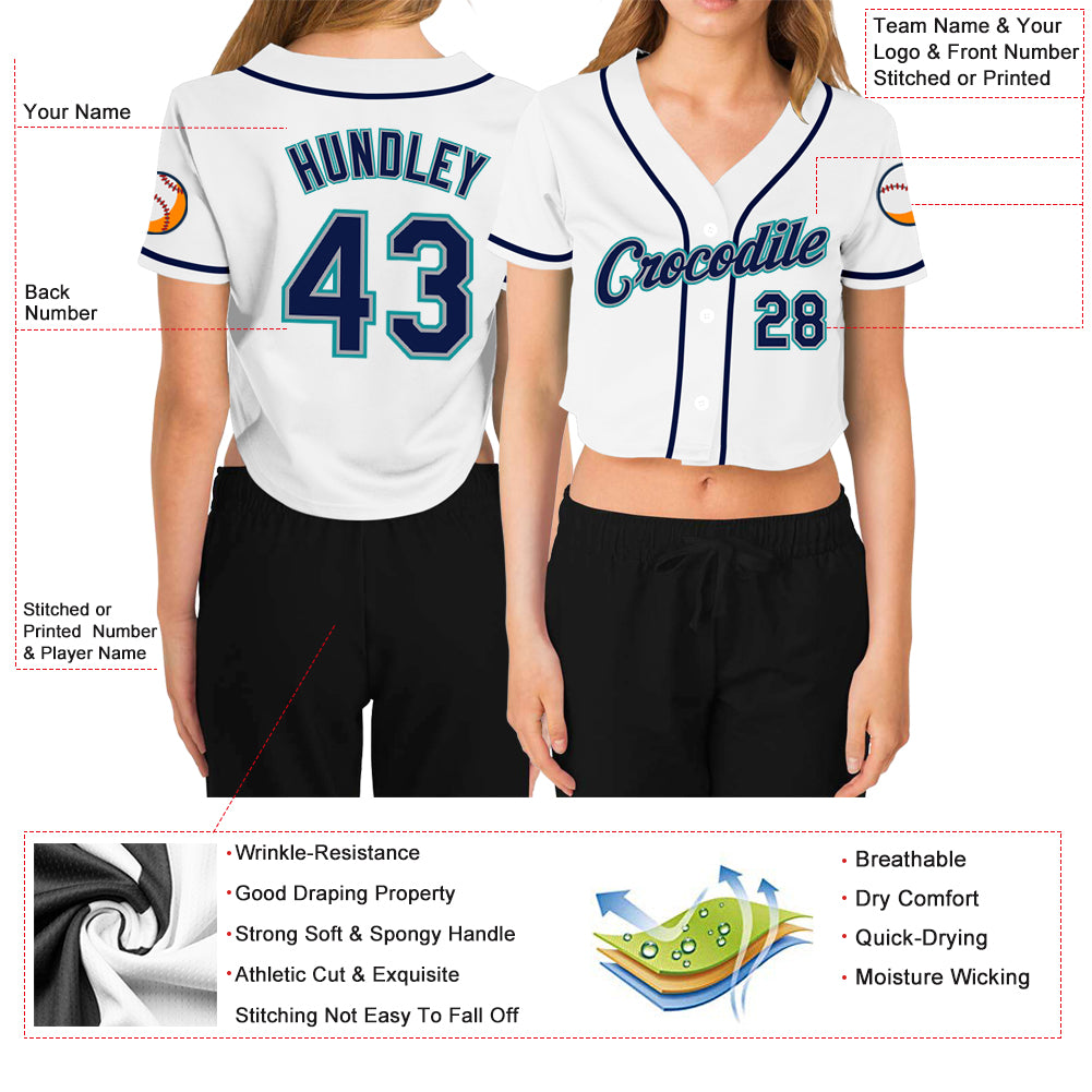 Custom Women's White Navy Gray-Aqua V-Neck Cropped Baseball Jersey