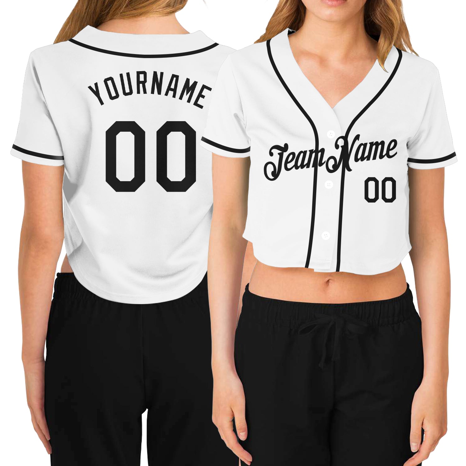 Custom Women's White Black V-Neck Cropped Baseball Jersey
