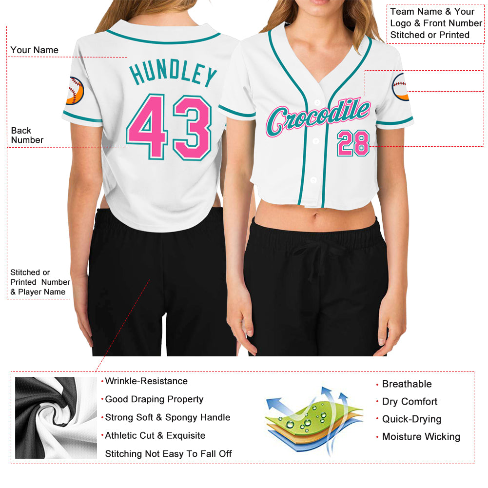 Custom Women's White Pink-Aqua V-Neck Cropped Baseball Jersey