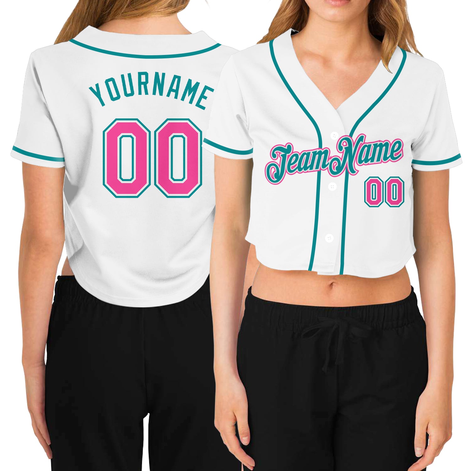 Custom Women's White Pink-Aqua V-Neck Cropped Baseball Jersey