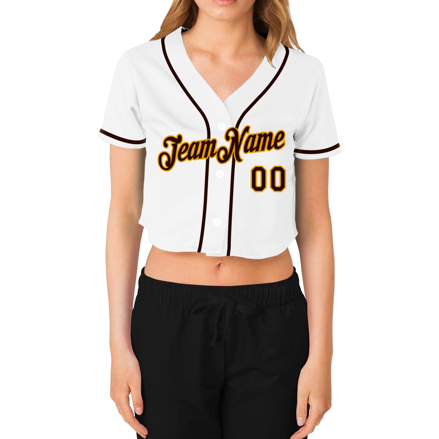 Custom Women's White Brown-Gold V-Neck Cropped Baseball Jersey