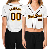 Custom Women's White Brown-Gold V-Neck Cropped Baseball Jersey