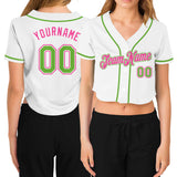 Custom Women's White Neon Green-Pink V-Neck Cropped Baseball Jersey
