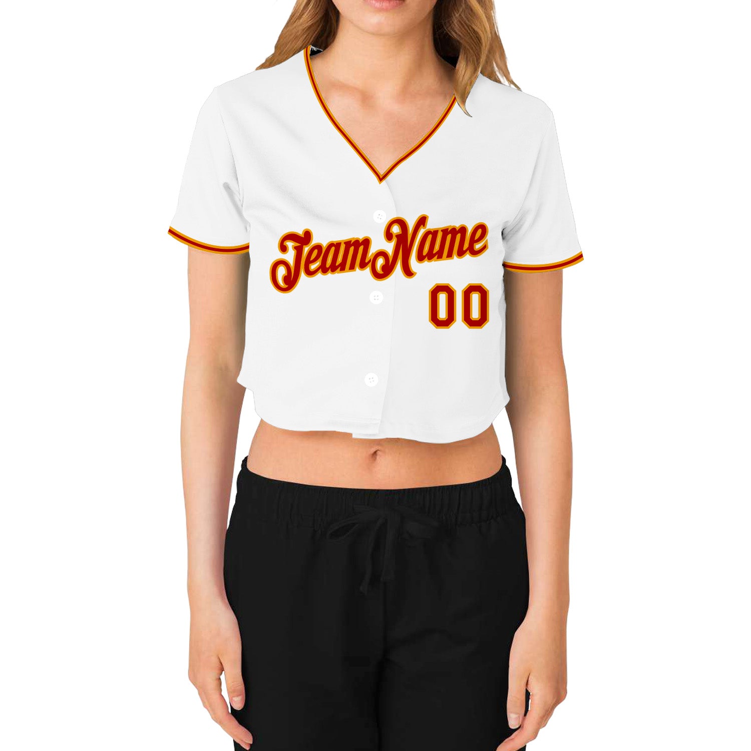 Custom Women's White Red-Gold V-Neck Cropped Baseball Jersey
