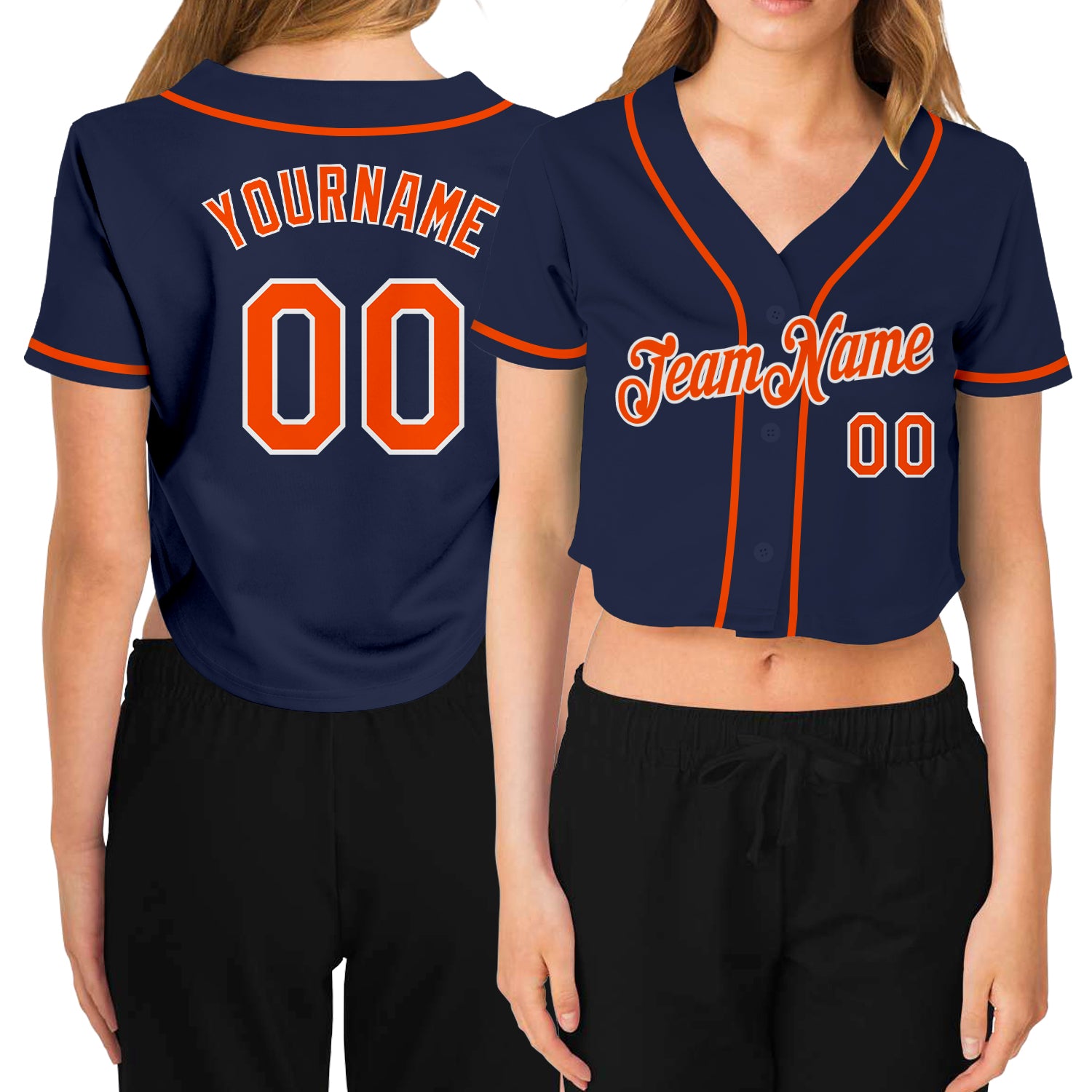Custom Women's Navy Orange-White V-Neck Cropped Baseball Jersey