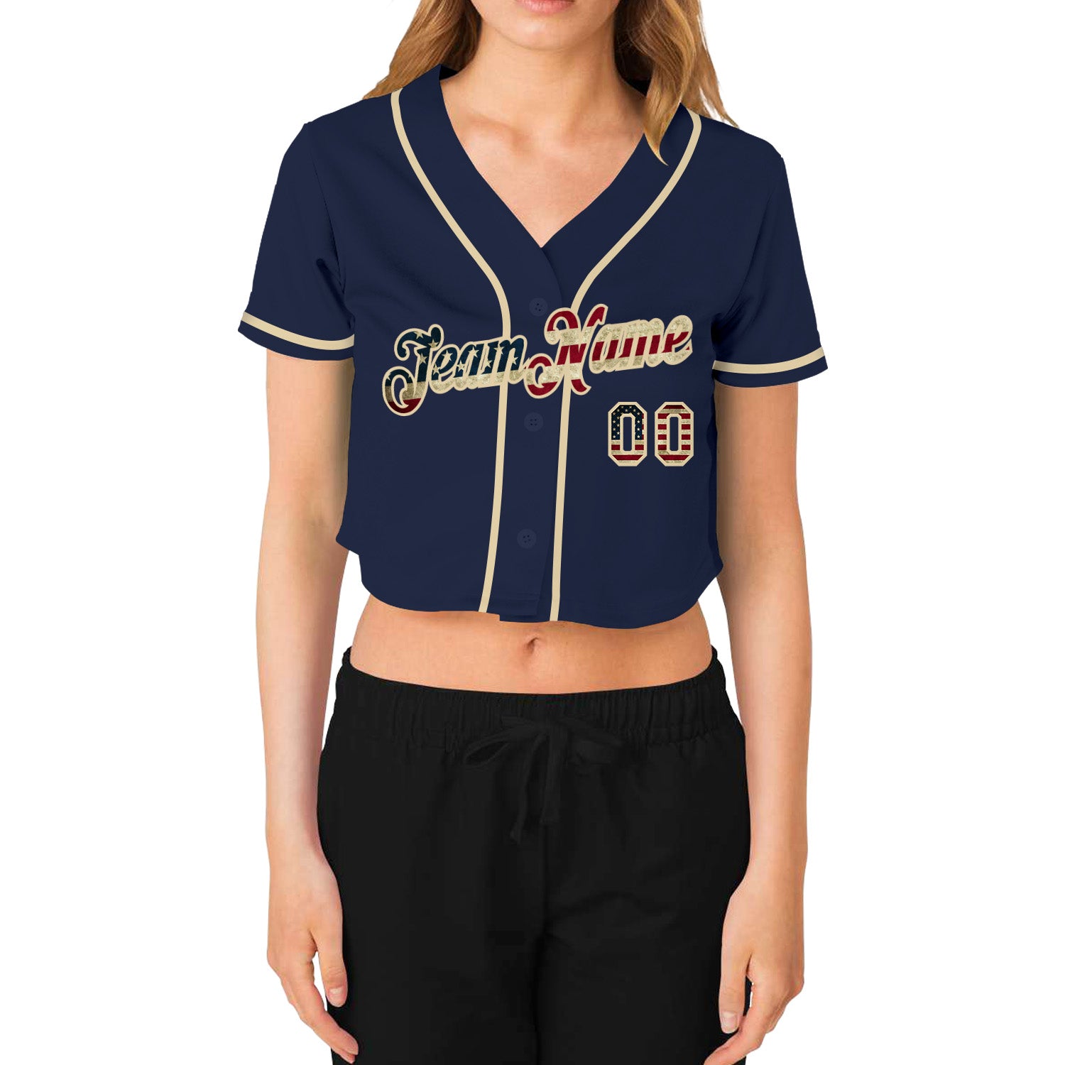 Custom Women's Navy Vintage USA Flag-Cream V-Neck Cropped Baseball Jersey