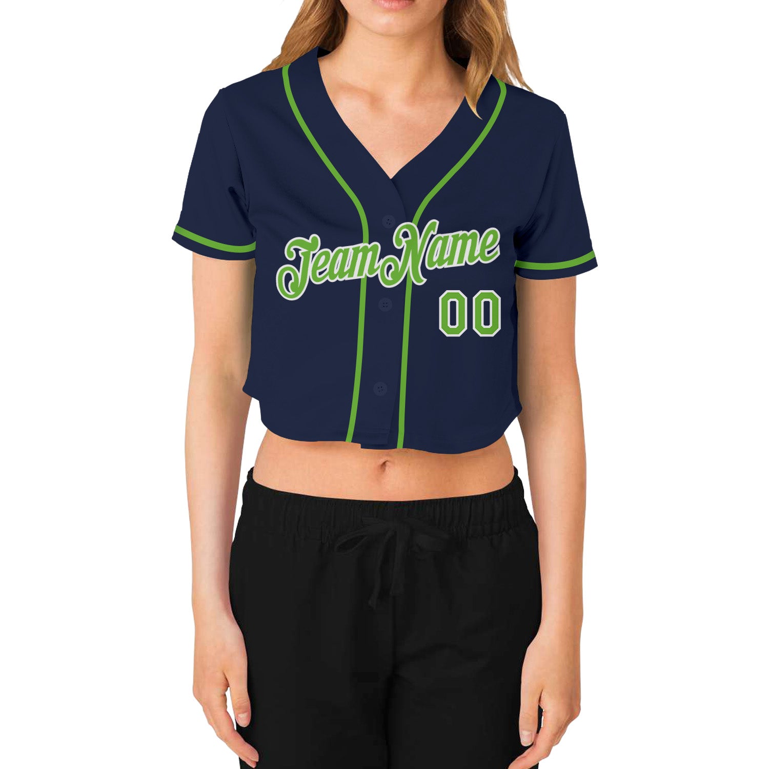 Custom Women's Navy Neon Green-White V-Neck Cropped Baseball Jersey