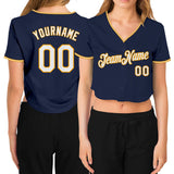 Custom Women's Navy White-Gold V-Neck Cropped Baseball Jersey