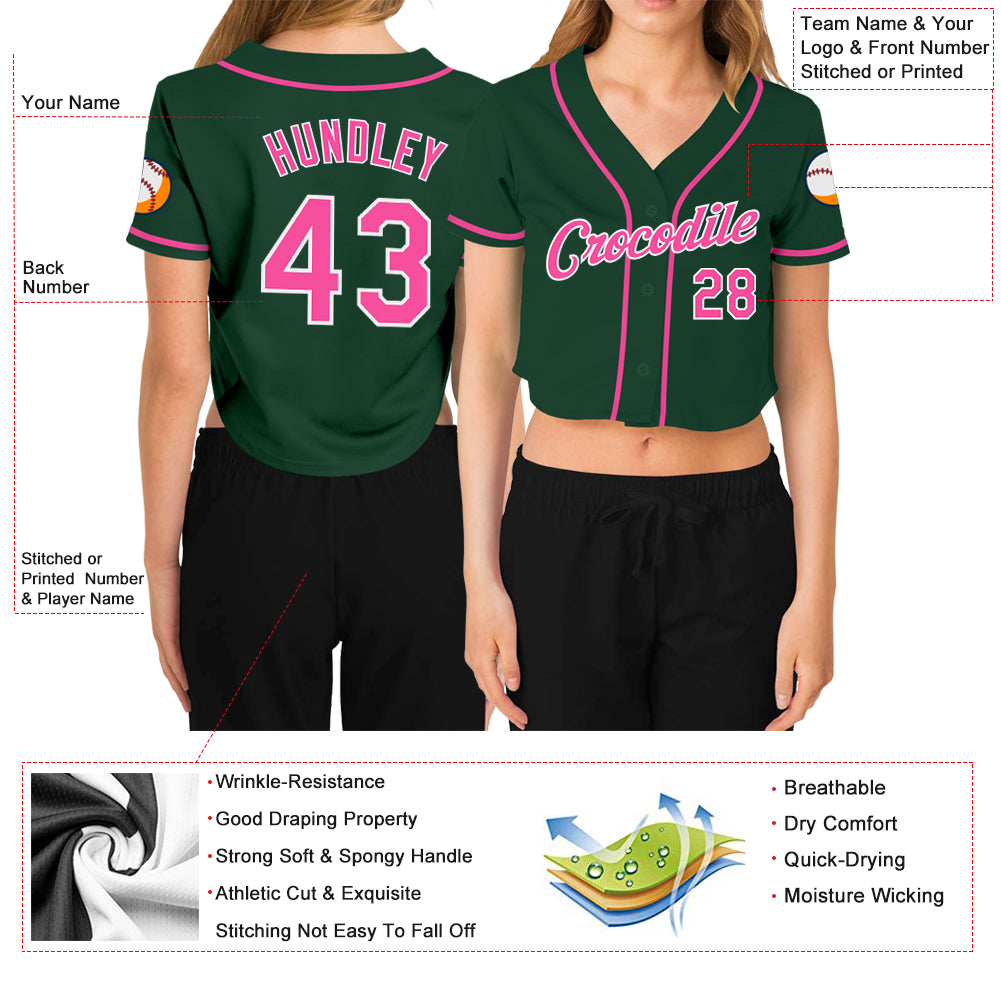 Custom Women's Green Pink-White V-Neck Cropped Baseball Jersey