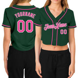 Custom Women's Green Pink-White V-Neck Cropped Baseball Jersey